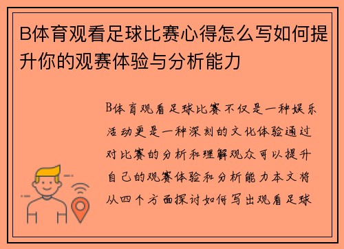 B体育观看足球比赛心得怎么写如何提升你的观赛体验与分析能力